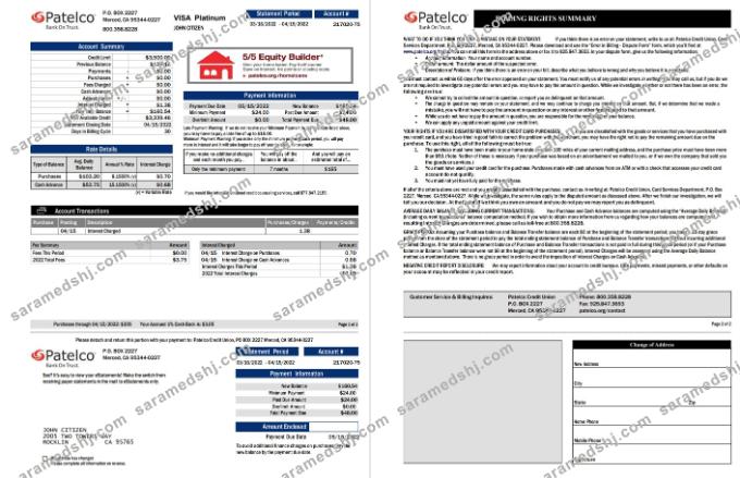 USA California Patelco bank card statement 2 pages